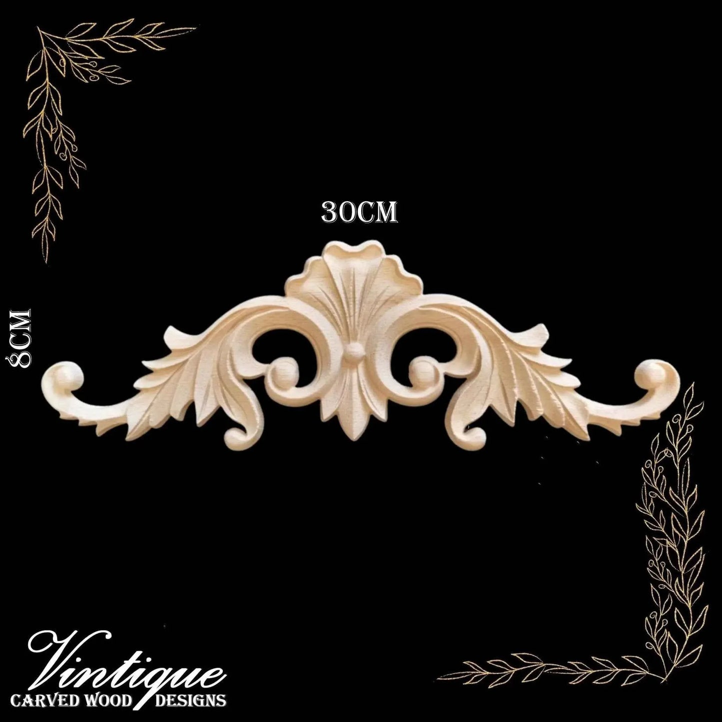 Leafy Scallop carved wood Centre Applique 30cm x 8cm - Vintique Concepts