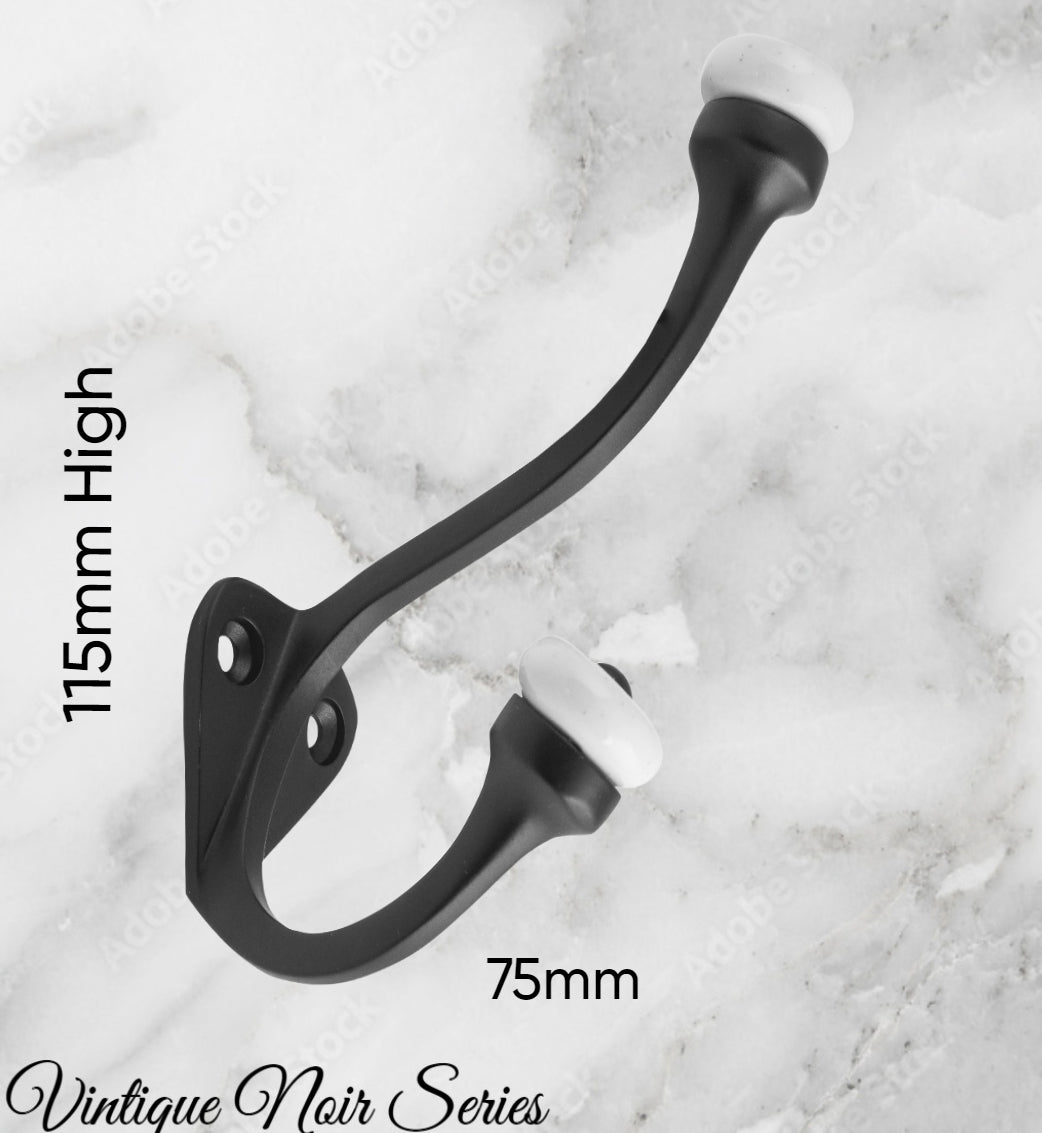 Matt Black Victorian Coat & Hat Hook W/Porcelian 115mm x 75mm-Vintique Concepts