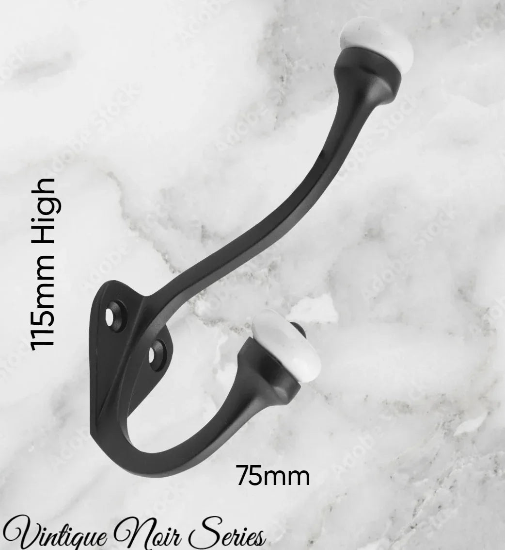 Matt Black Victorian Coat & Hat Hook W/Porcelian 115mm x 75mm - Vintique Concepts