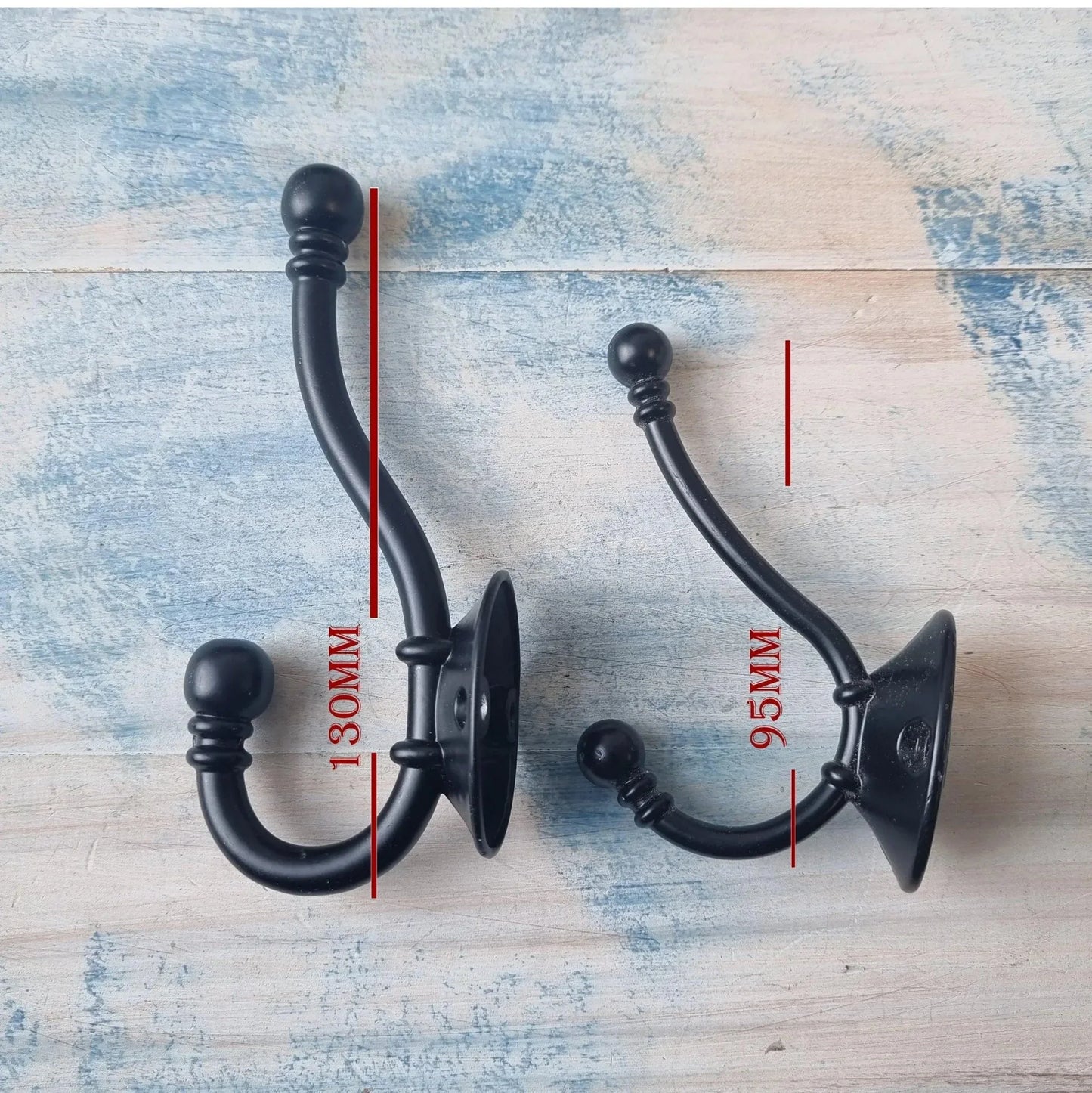 Metal Ball Elegant Double Prong Black Coat Hook - 130mm Long - Vintique Concepts