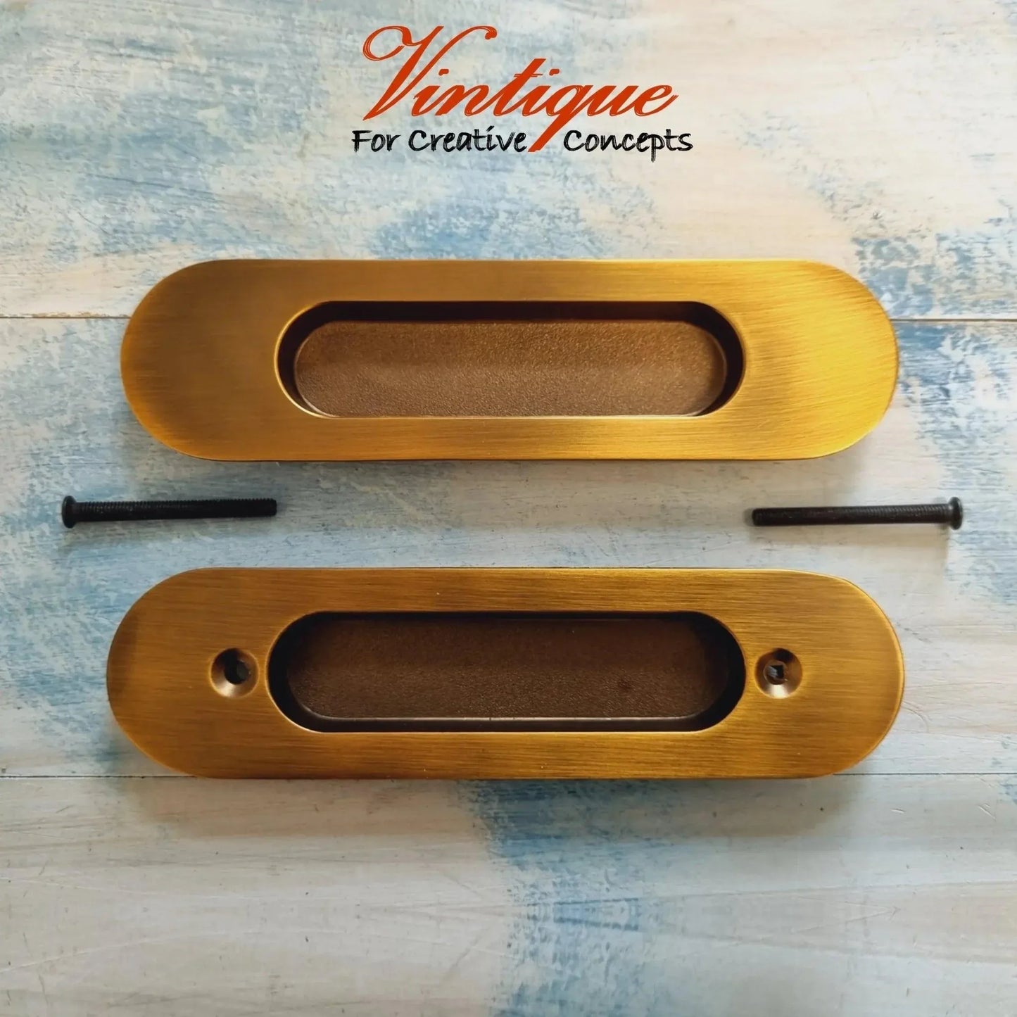 Milano Flush Pull Door Handle Double Sided Brass Colour 147mm x 39mm - Vintique Concepts