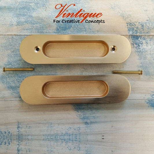 Milano Flush Pull door handle double sided Satin Gold 147mm x 39mm-Vintique Concepts