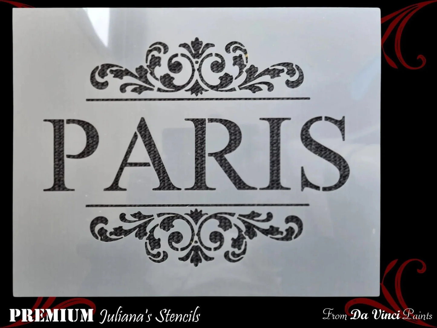 PARIS in ornate scroll furniture premium paint stencil 250mm x 200mm - Vintique Concepts