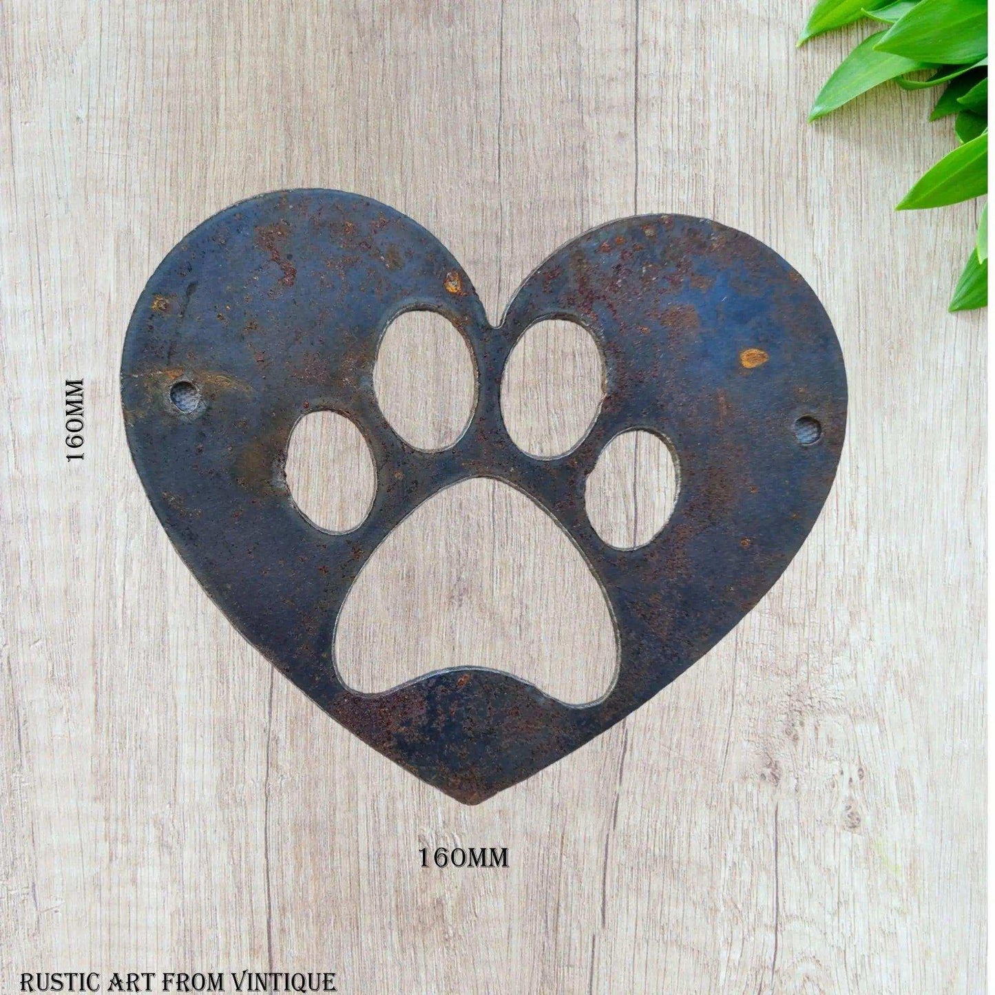 Paw Print in Love Heart Rusty Metal 160mm x 160mm - Rusty Metal Paw Print Heart - Vintique Concepts