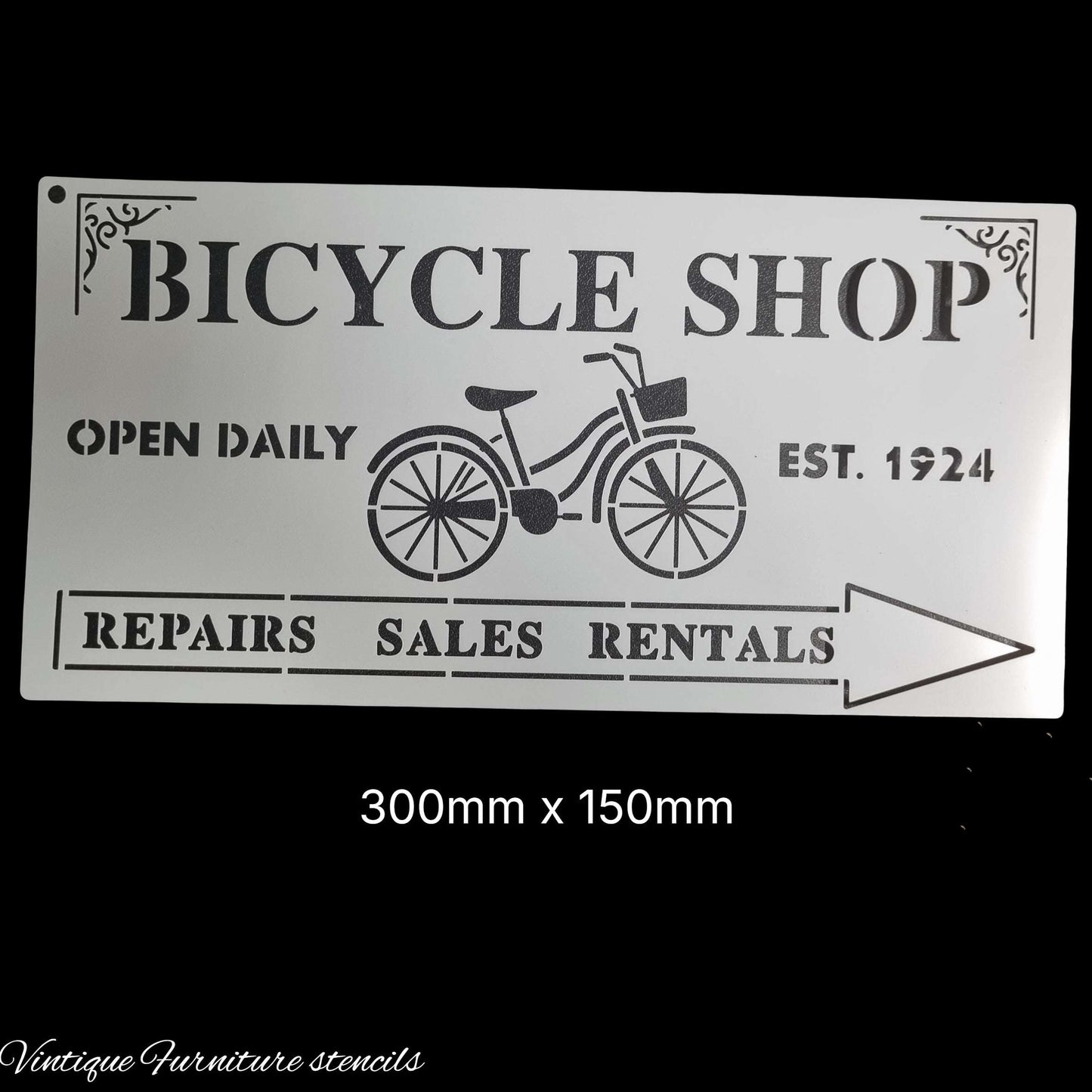 Country themed furniture paint stencil-Bicycle shop 300mm x150mm
