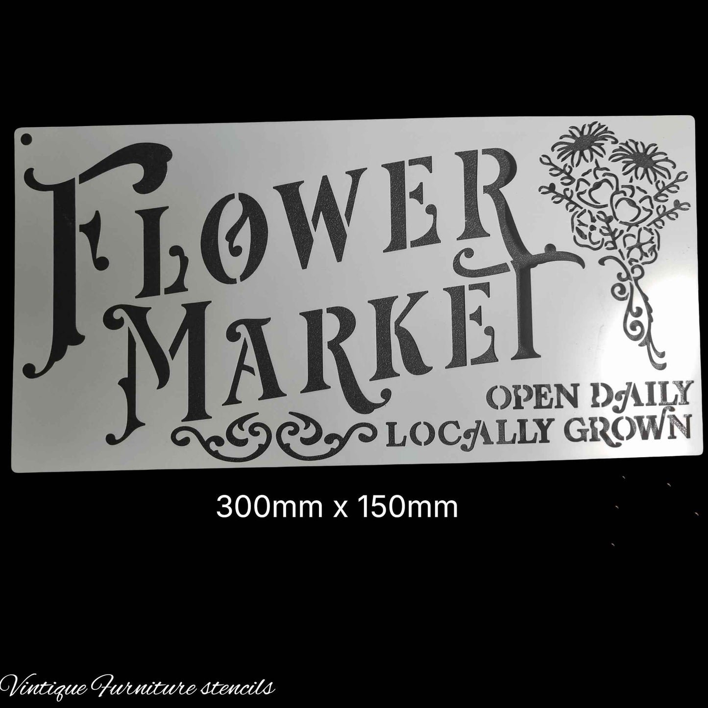 Country themed furniture paint stencil-FLOWER MARKET 300mm x 150mm