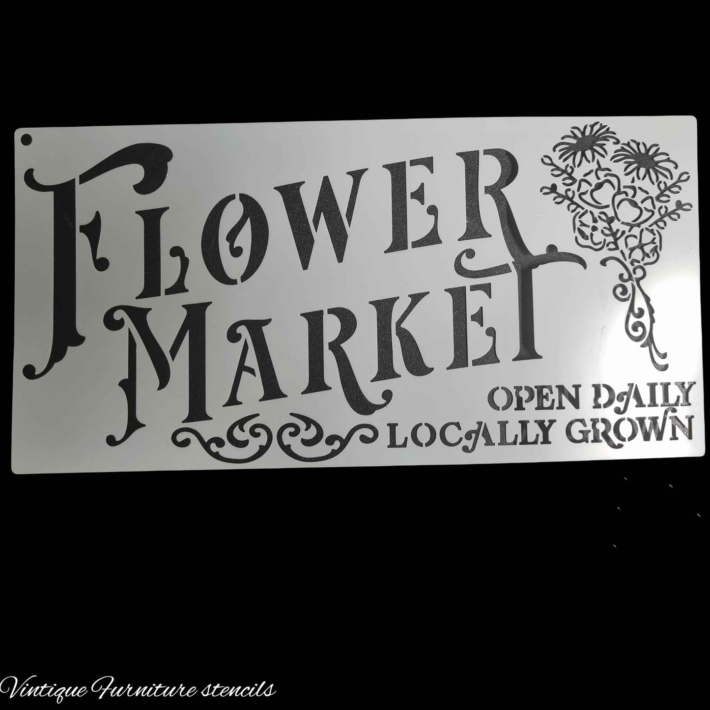 Country themed furniture paint stencil-FLOWER MARKET 300mm x 150mm