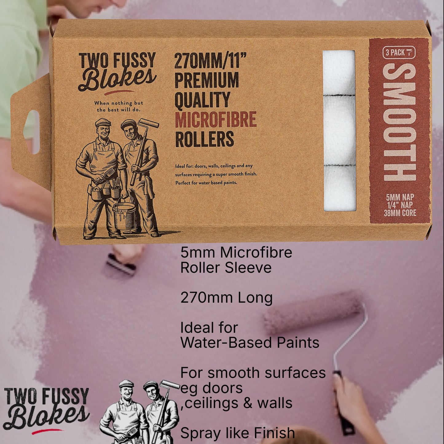 270mm Microfibre Paint Roller Sleeve -Smooth 5mm Nap(3 PACK) From Two Fussy Blokes