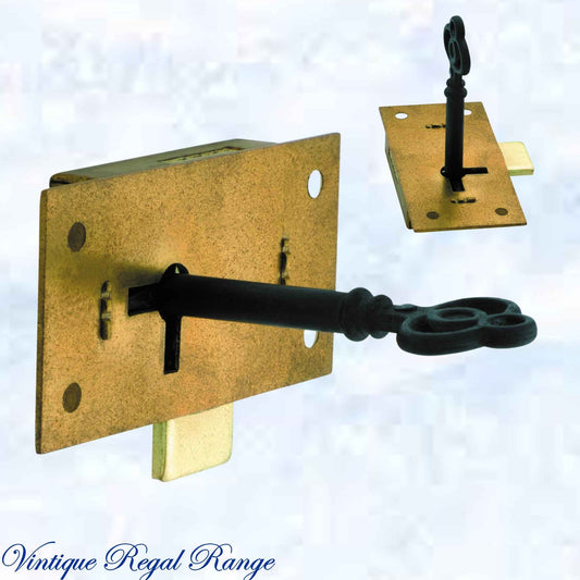 Antique polished brass Cupboard / Box Lock & Key 37mmW x 76mmH