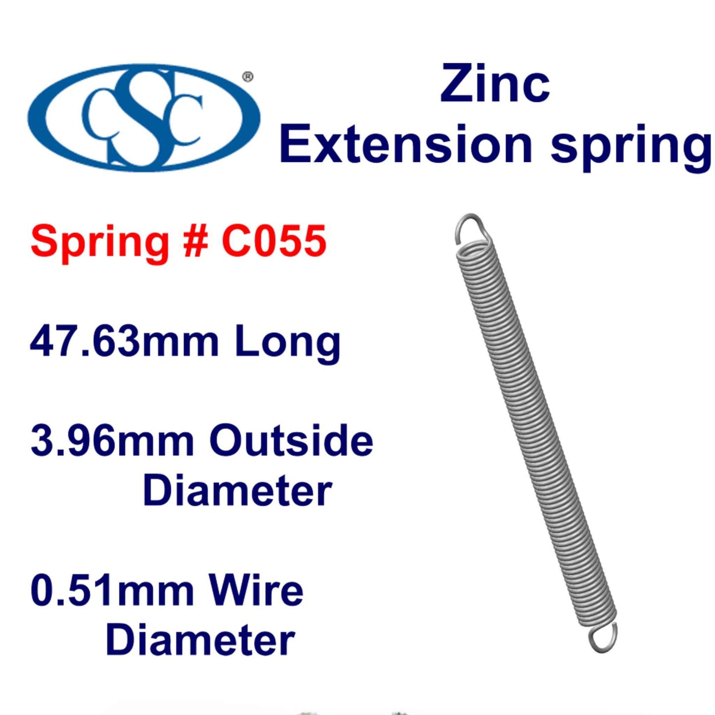 Zinc Extension Spring 47.63mm Long ( x 5.56 OD x 0.58 WD)