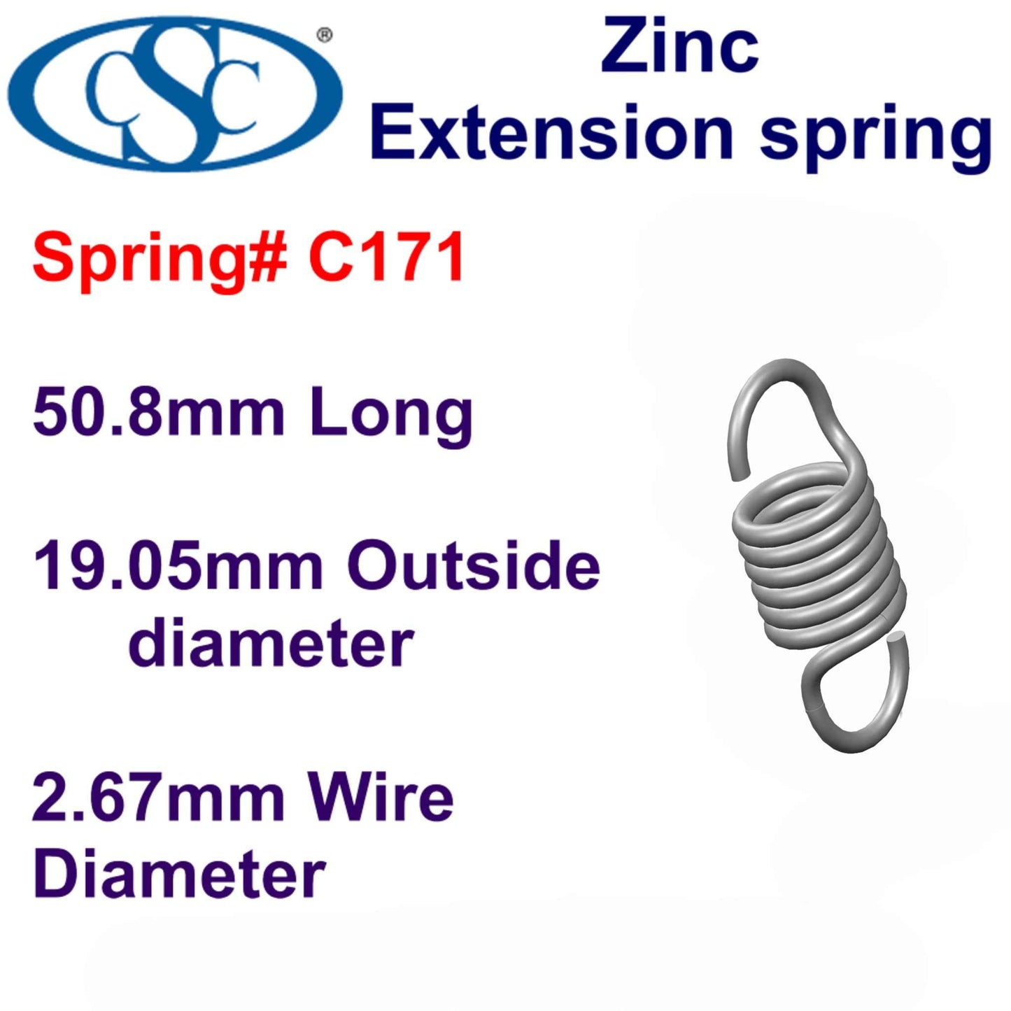 Zinc Extension Spring 57.15mm Long (19.05 OD x 2.67 WD) C173 from Century