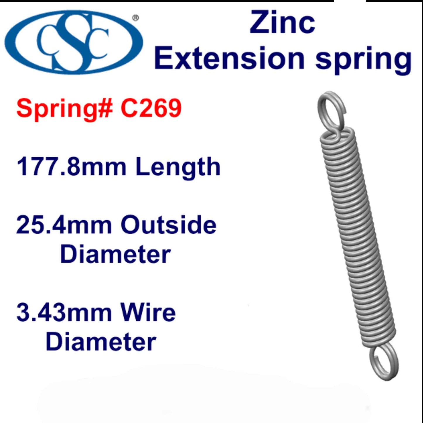 Zinc Extension Spring 215.9mm Long (27 OD x 2.03 WD) C271 from Century