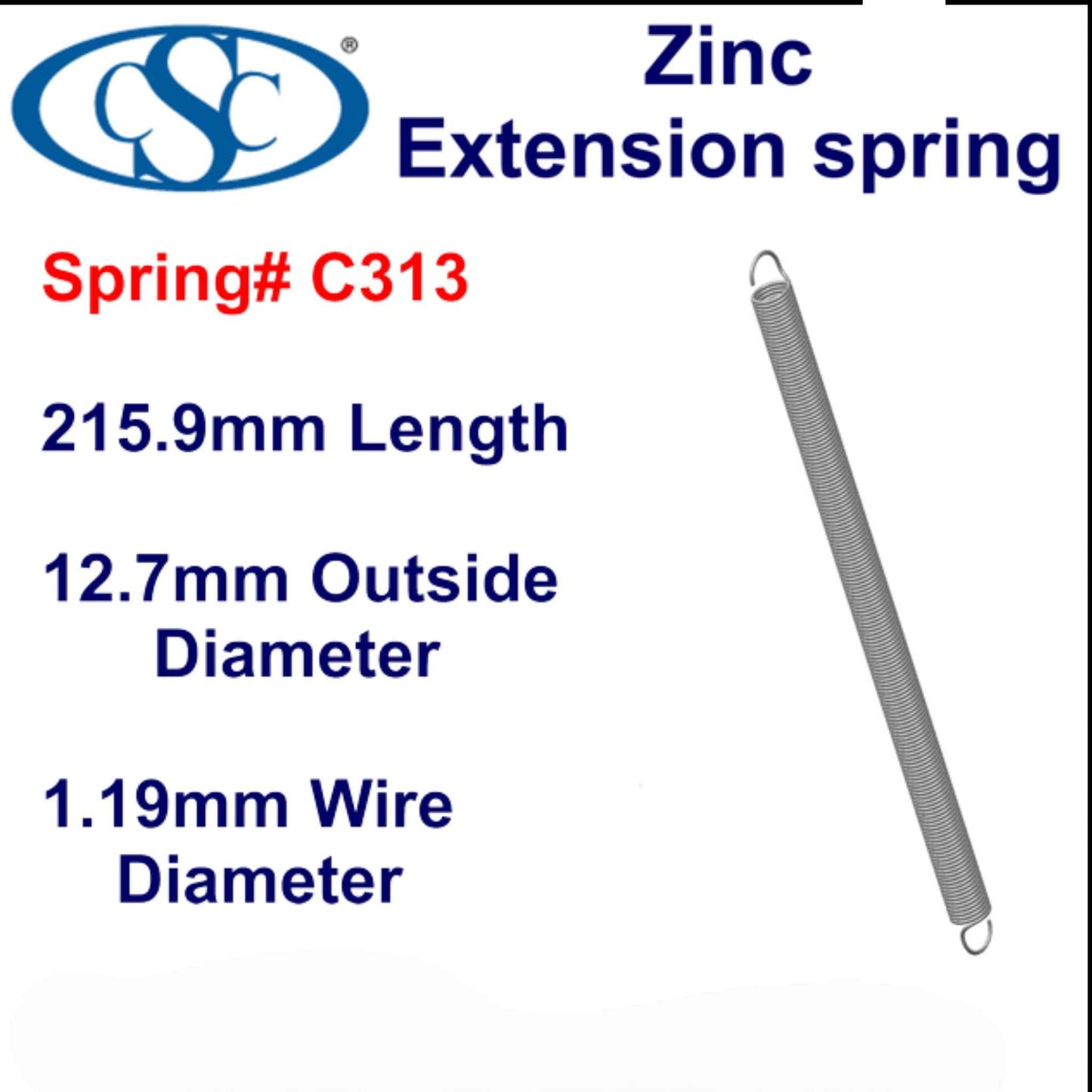 Zinc Extension Spring 215.9mm Long (11.13 OD x 1.19 WD) C315 from Century