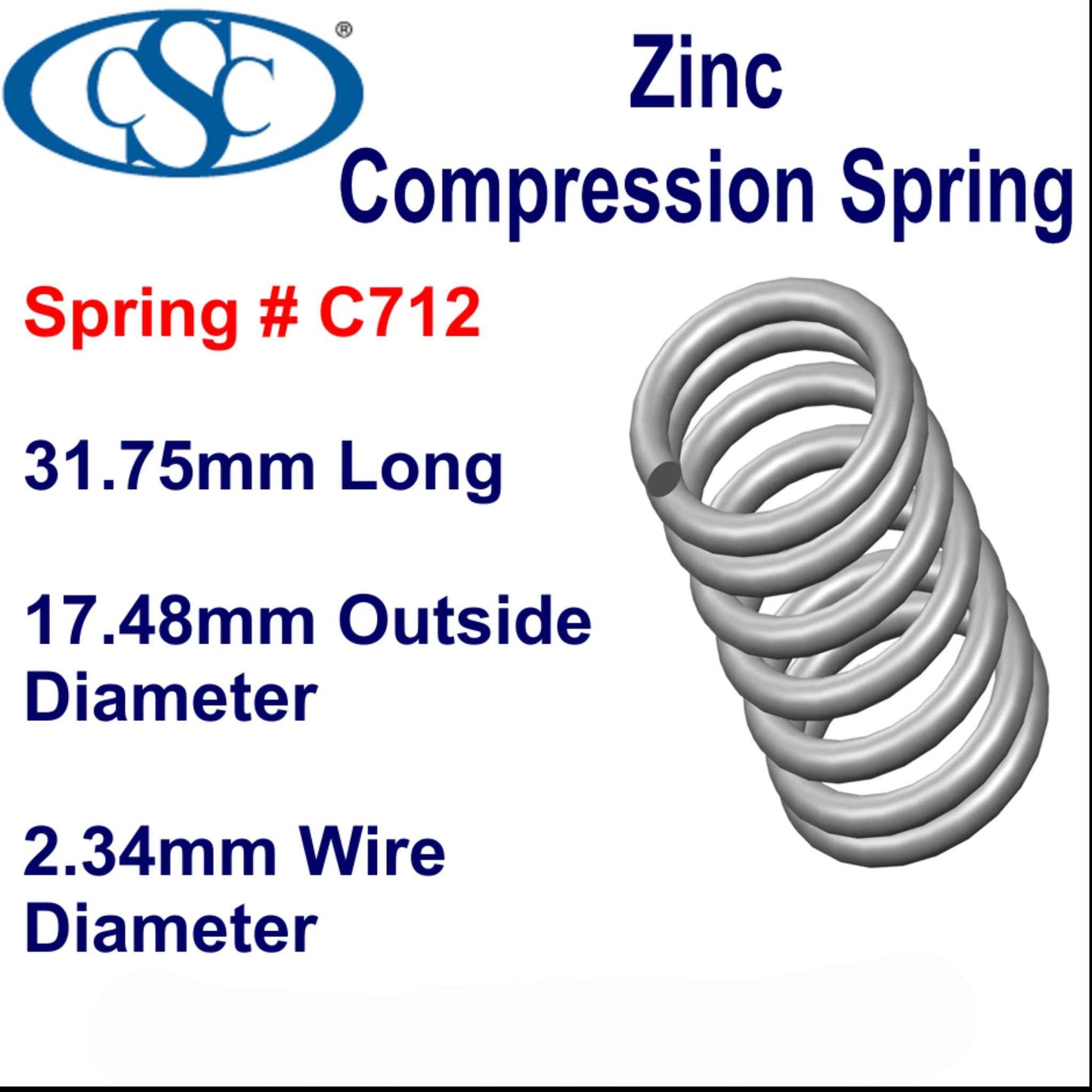 Zinc Compression Spring 57.15mm Long (9.53 OD x 1.57 WD) C714 (each) from Century
