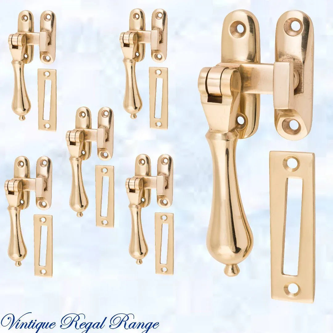 Polished brass Art-Deco window fastener 50mm x 85mm - Vintique Concepts