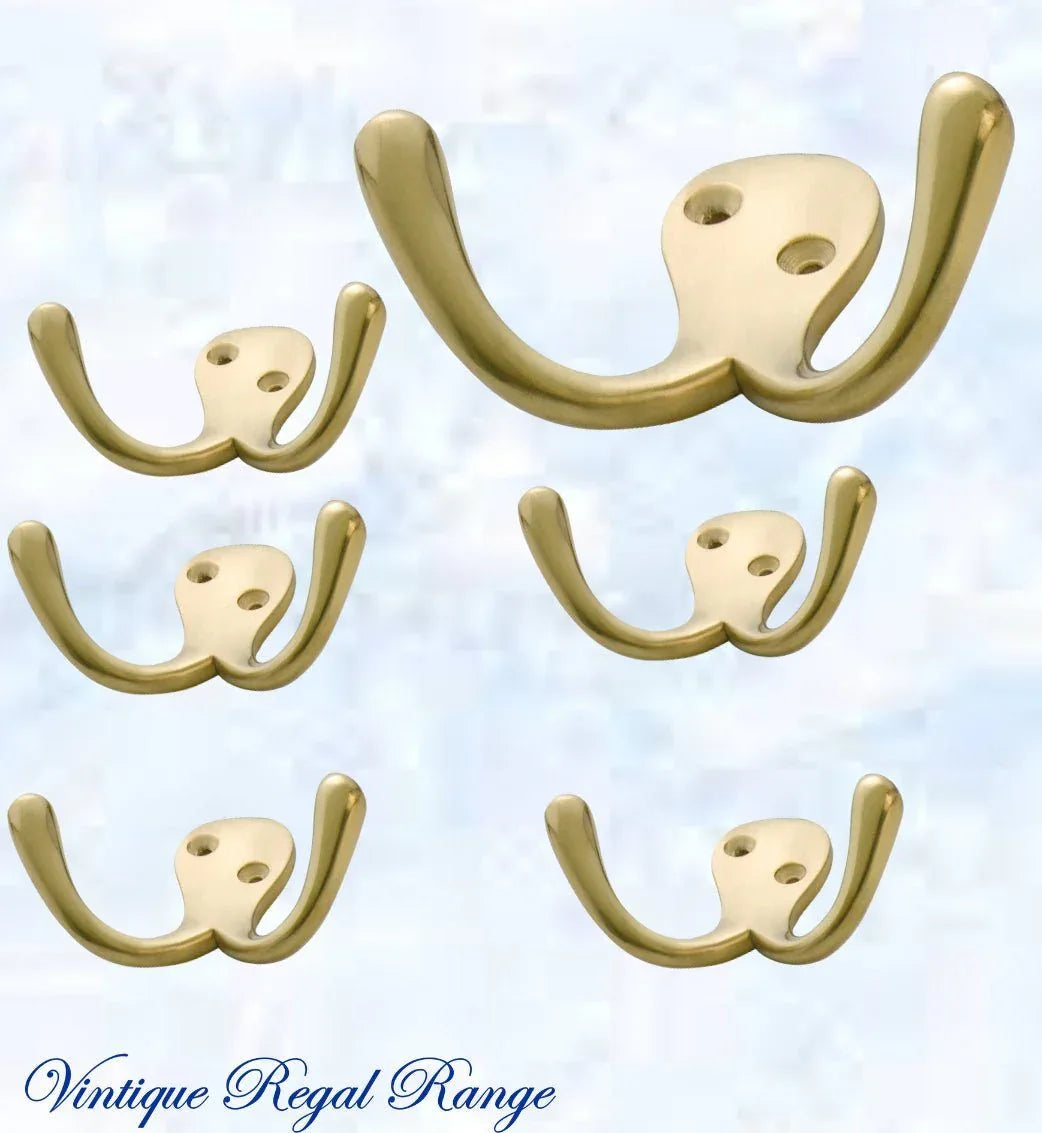 Polished Brass Double Prong Robe Hook 75mm wide - Vintique Concepts