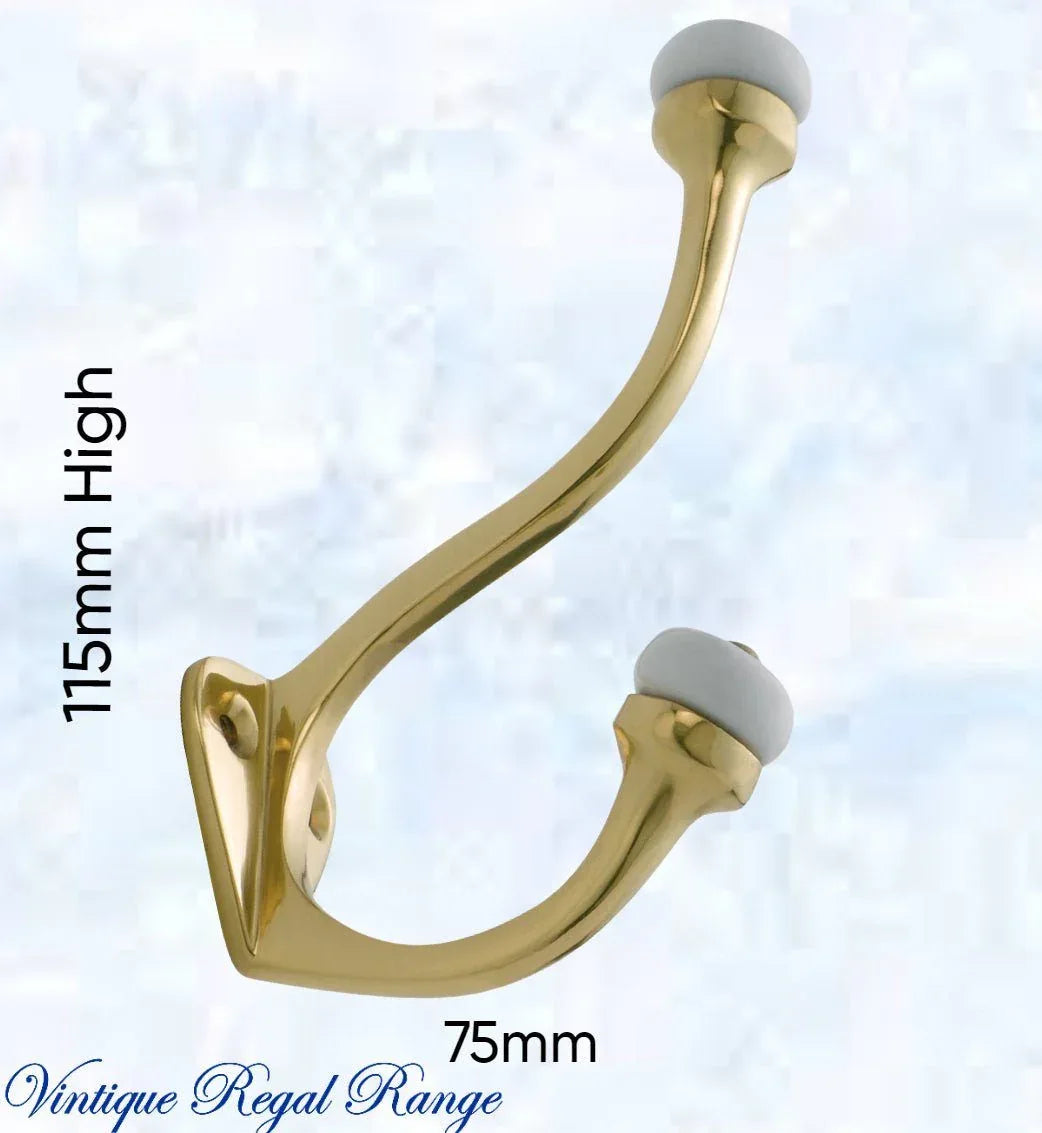 Polished Brass Victorian Coat & Hat Hook W/Porcelian 115mm x 75mm - Vintique Concepts