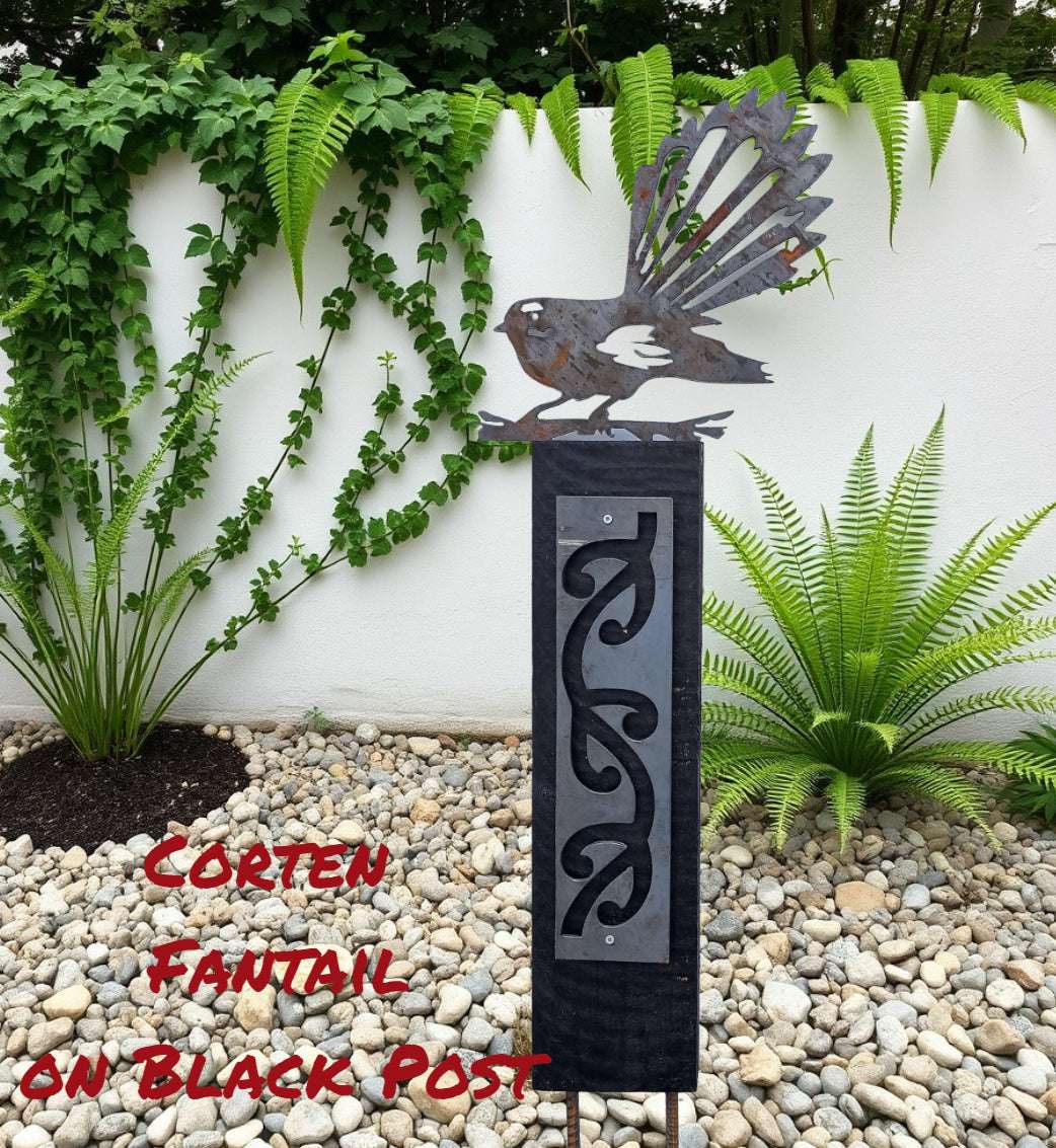Corten Pīwakawaka (NZ fantail)on Black stained Post-Garden Art-Vintique Concepts
