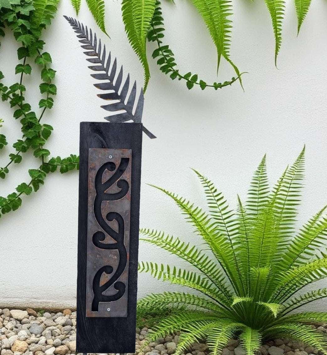 Corten NZ Huruwhenua (Silver fern) on Black stained Post-Garden Art - Vintique Concepts