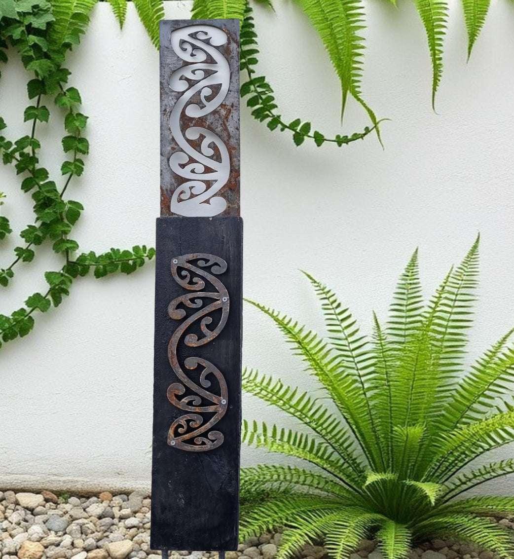 Corten Koru Garden Art on Black Stained Post - Unique Garden Decoration - Vintique Concepts