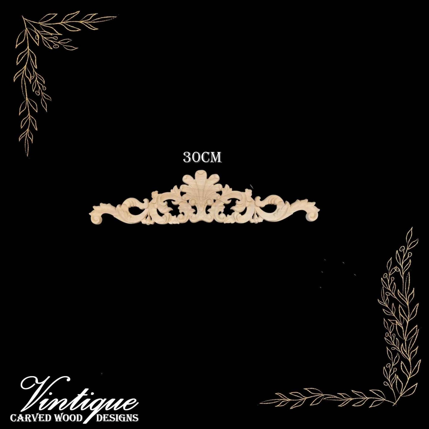 Prince's Feathers Carved wood Centre Applique 30cm x 7cm