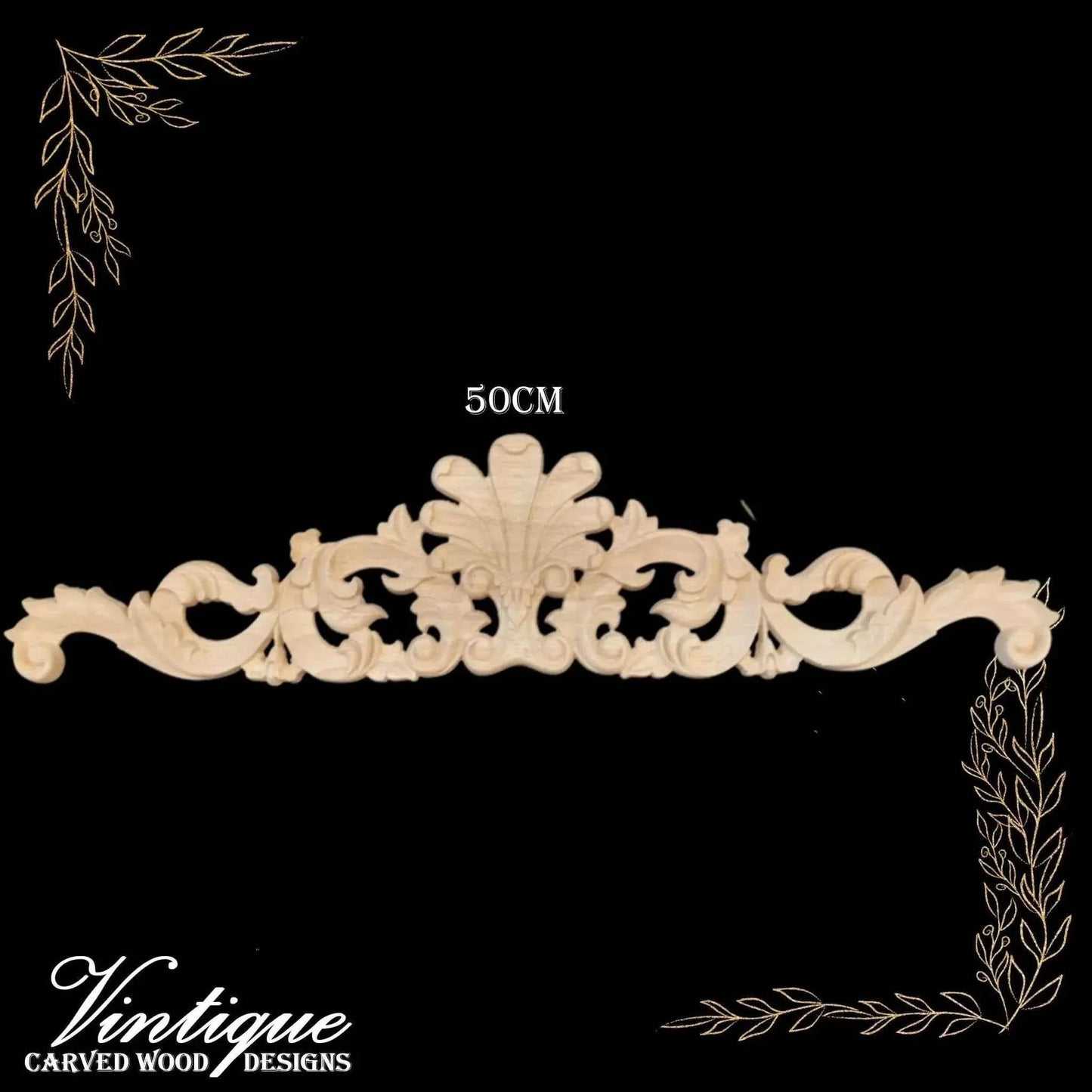 Prince's Feathers Carved wood Centre Applique 50cm x 12cm - Vintique Concepts