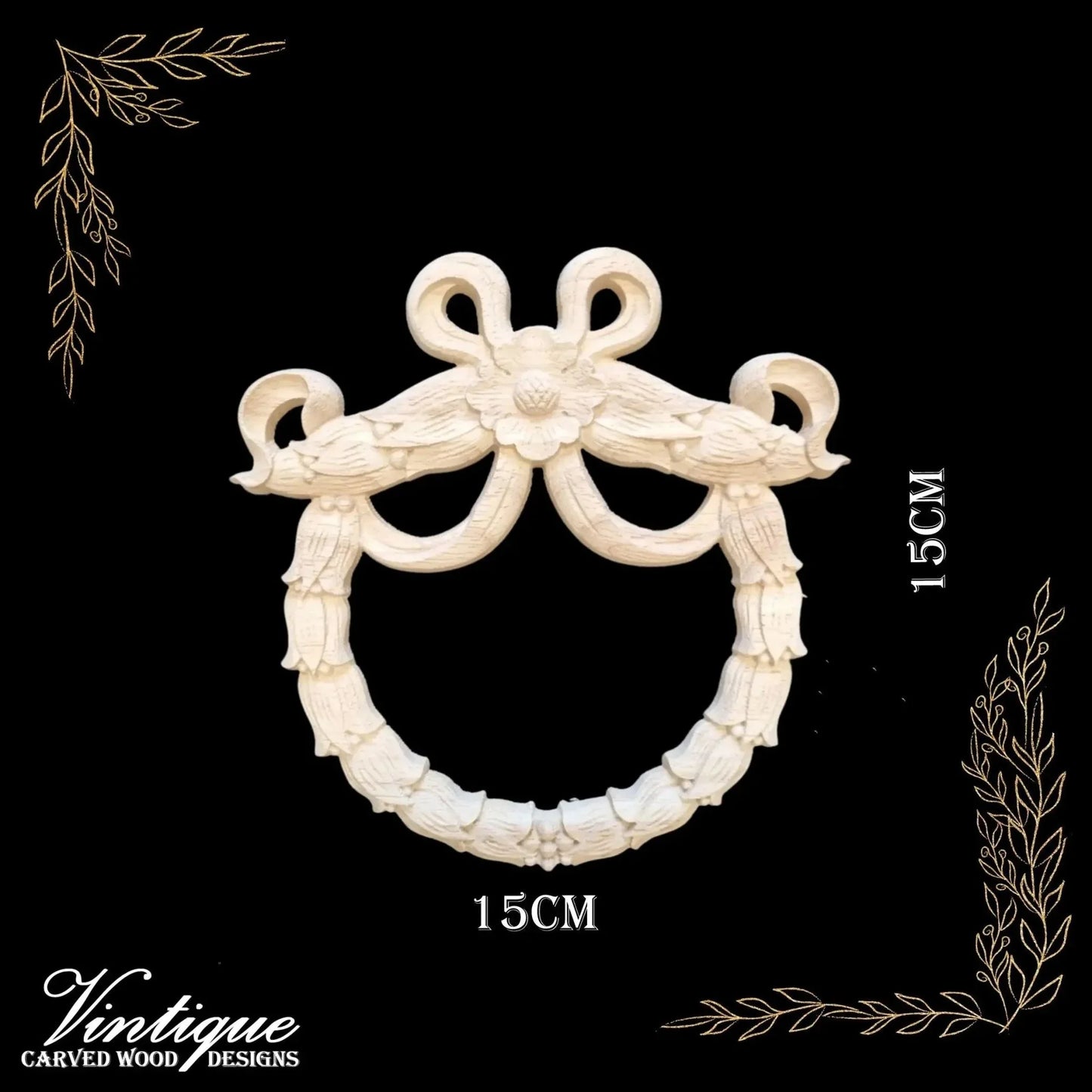 Princess Ribbons Wreath Applique Carved Wooden 15cm x 15cm Bows Decor - Vintique Concepts