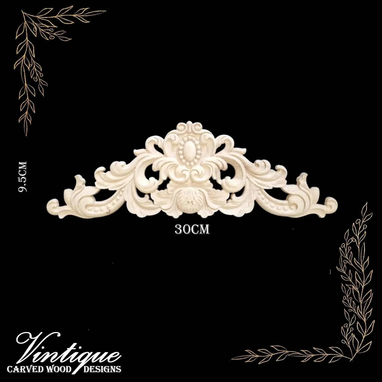 Queen Anne Wooden Applique Carved Design 30cm x 9.5cm - Vintique Concepts