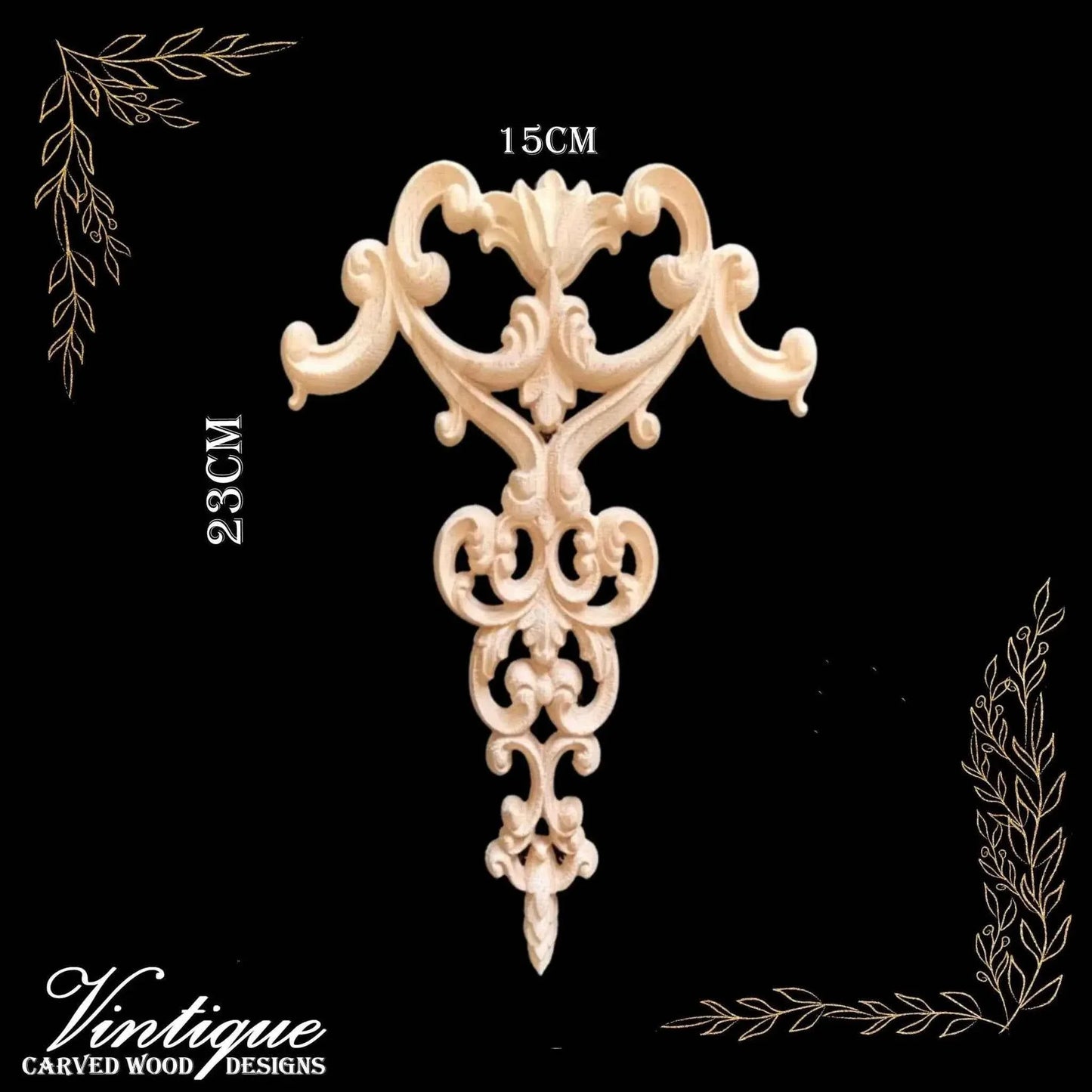 Regal Drop Wooden Applique Carved Wreath 23cm x 15cm - Vintique Concepts