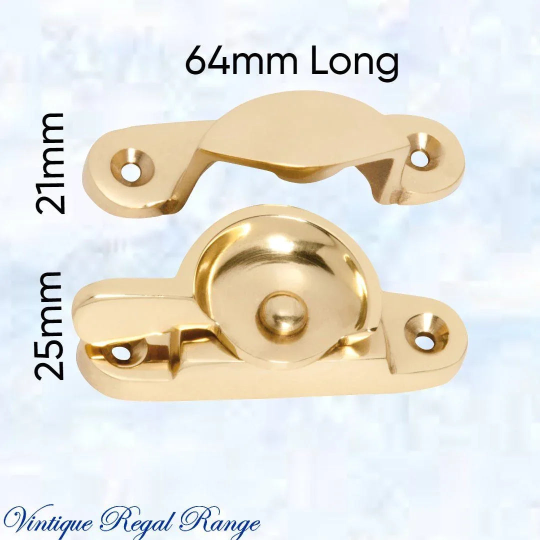 Regal Polished Traditional Sash Window Fastener 65 x 21x 25mm - Vintique Concepts
