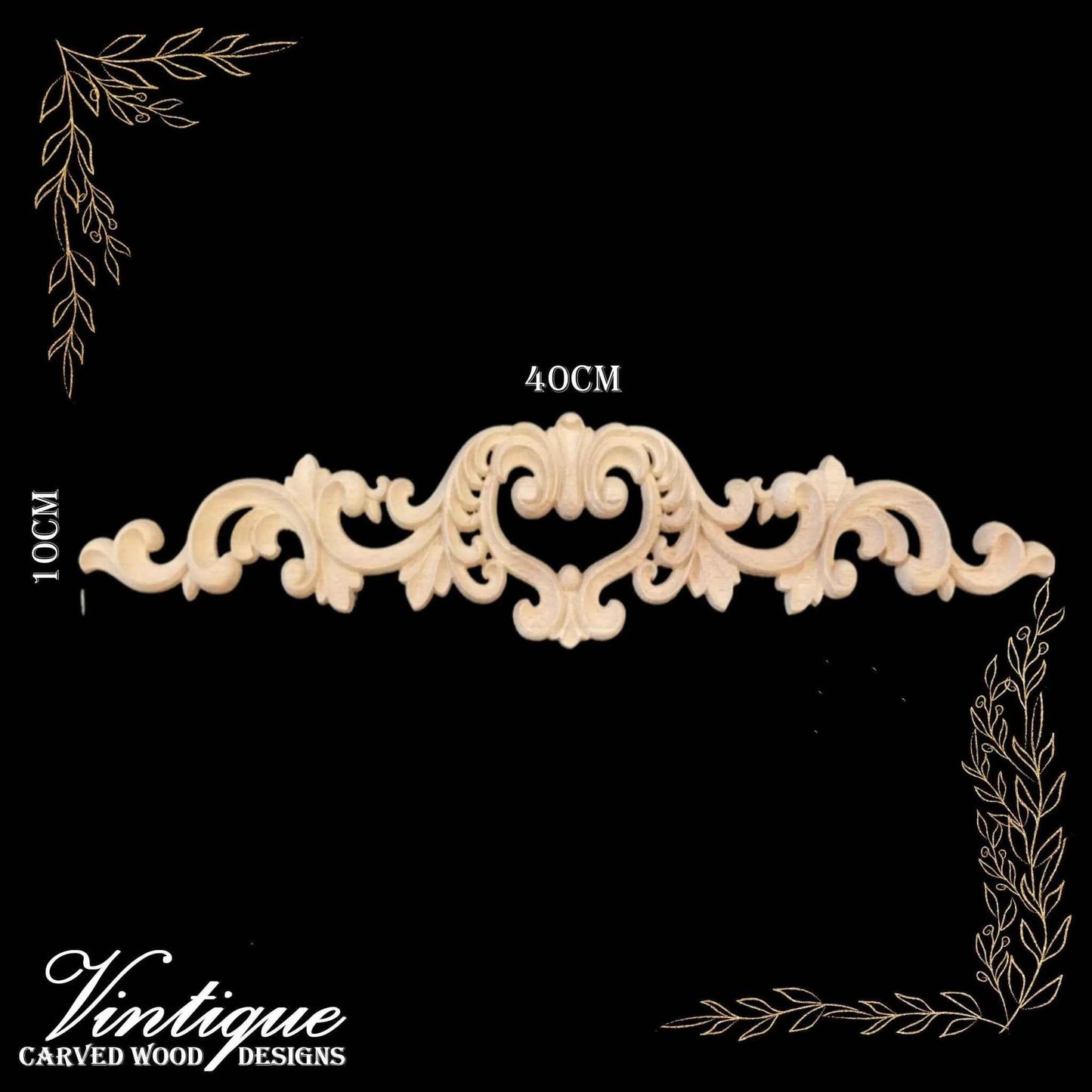 Royal Heart Carved wood Centre Applique 40cm x 10cm