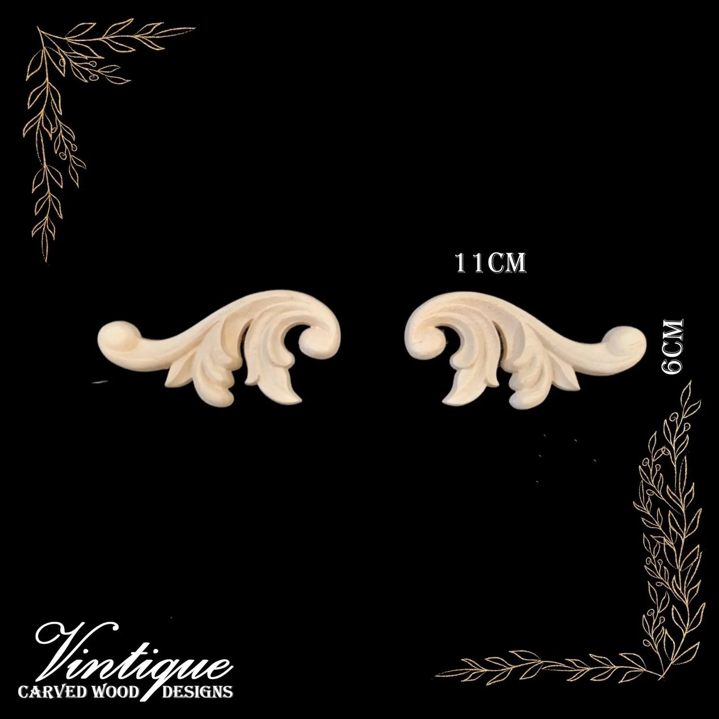 Royal Plumes Wood Carved Appliques 11cm x 6cm (Sold in Pairs) - Vintique Concepts