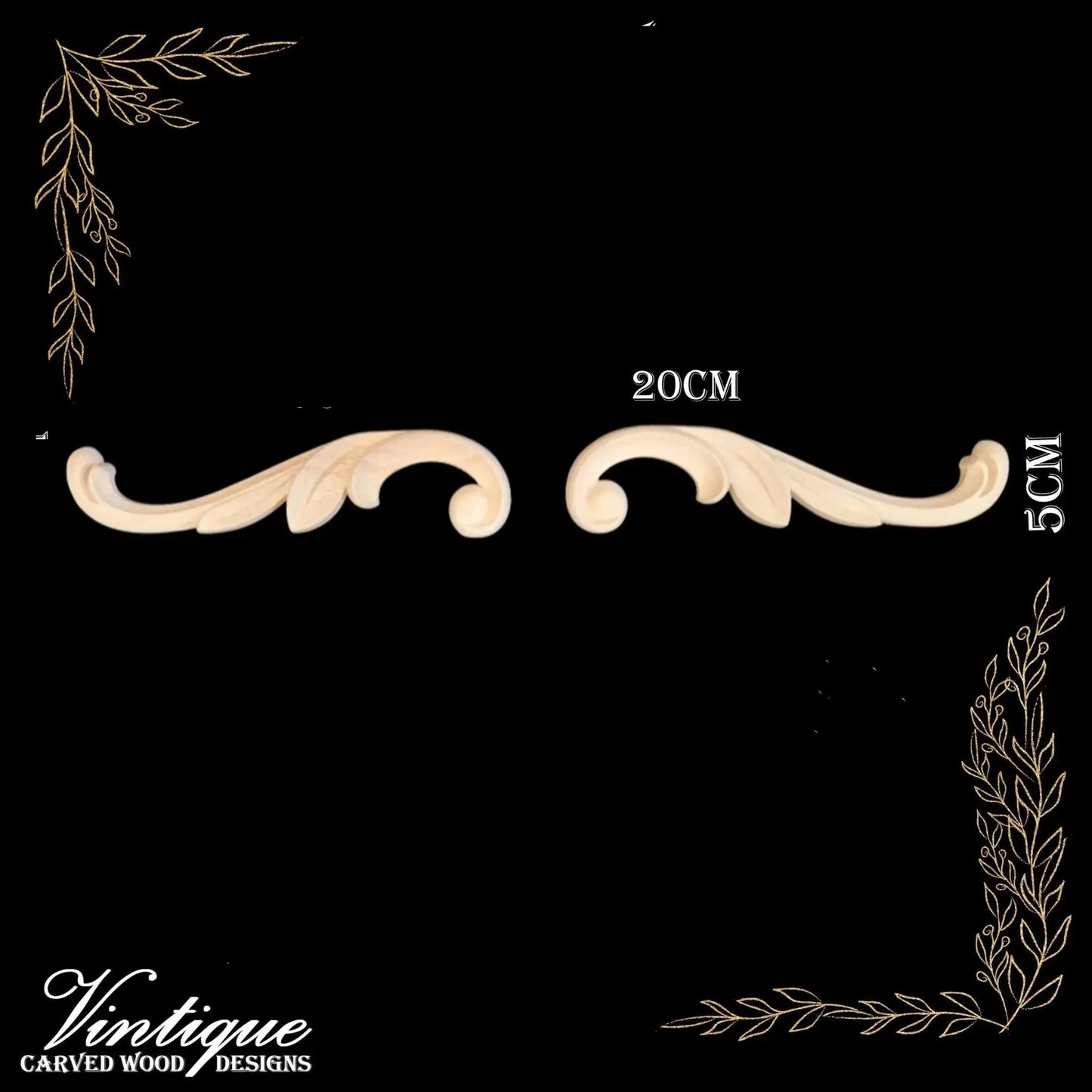 Royal Scrolls Wood Appliques Carved Wood, 20cm x 5cm, Sold in Pairs - Vintique Concepts