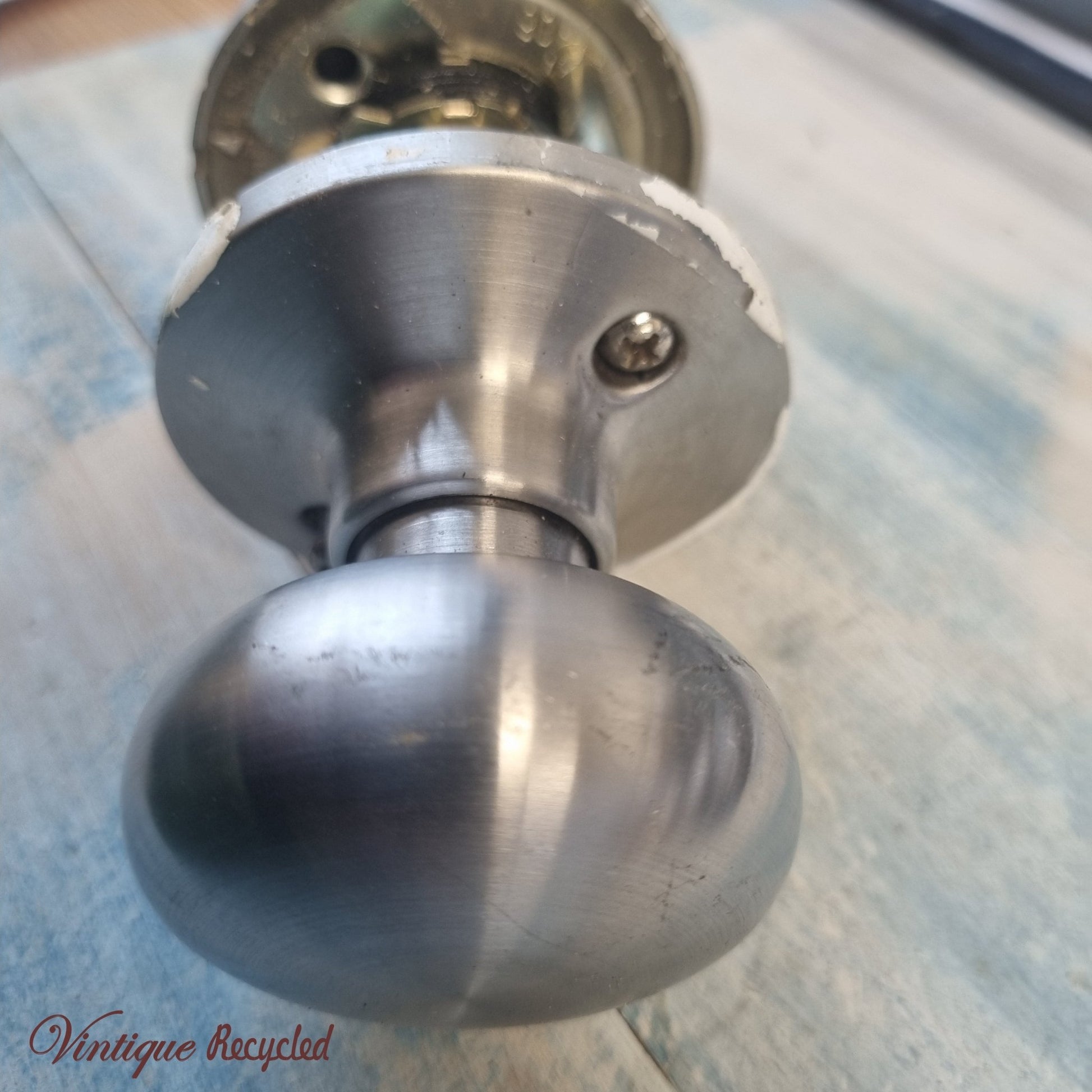 satin chrome door knob set (recycled)-Vintique Concepts
