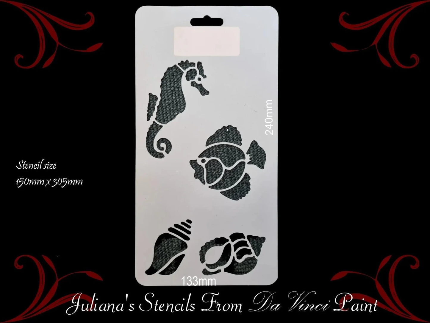 Seahorse, Fish, seashells furniture paint stencil 305mm x 150mm - Vintique Concepts