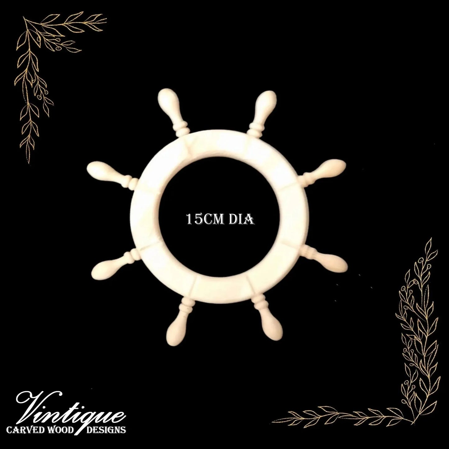 Ships steering wheel Centrepiece carved wood applique 15cm diameter - Vintique Concepts