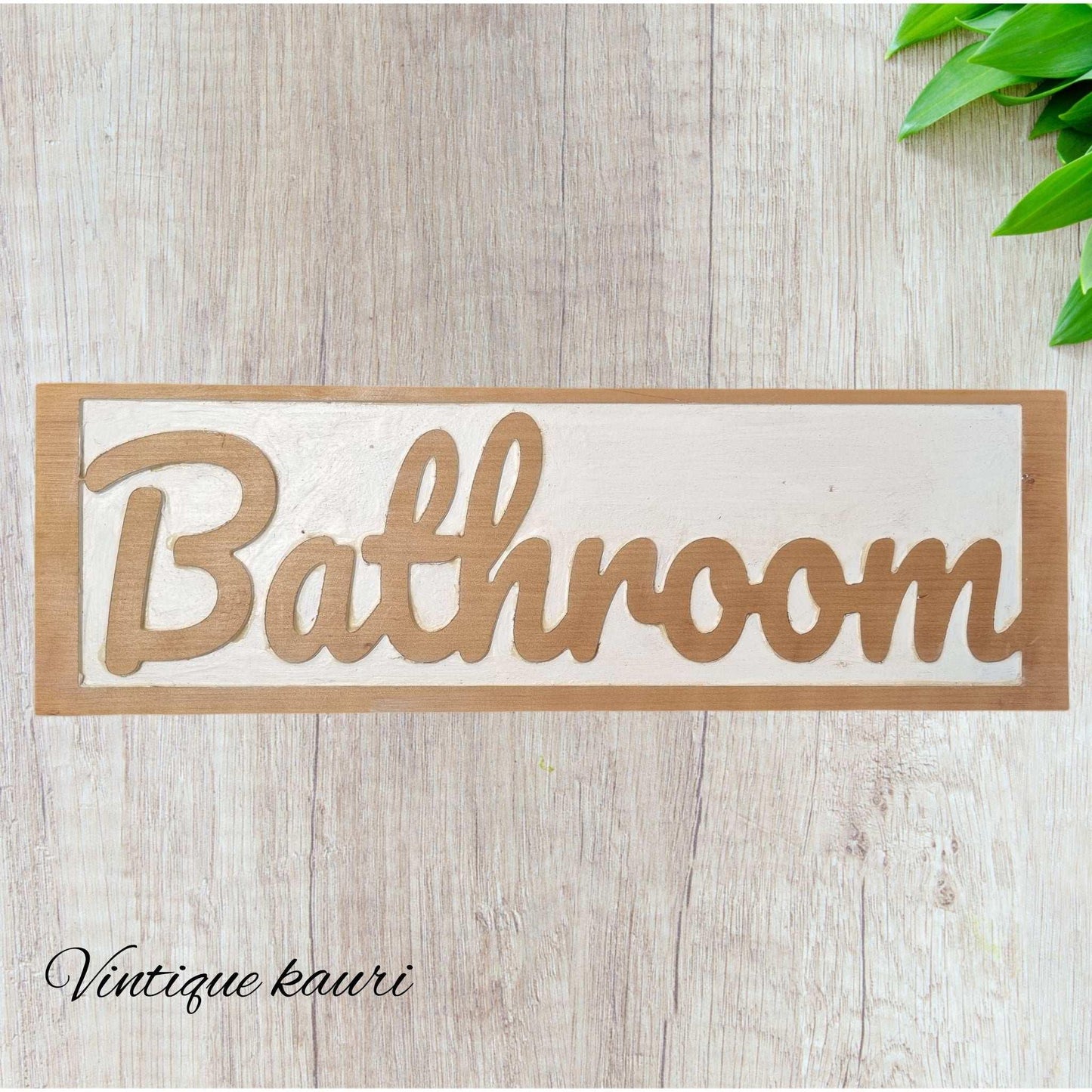 Carved Kauri sign "BATHROOM" 455mm x 145mm - Vintique Concepts