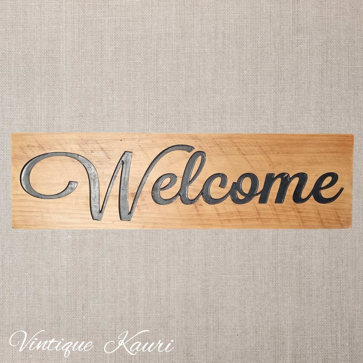 Carved wooden Kauri sign "WELCOME" 545mm x 155mm-Vintique Concepts