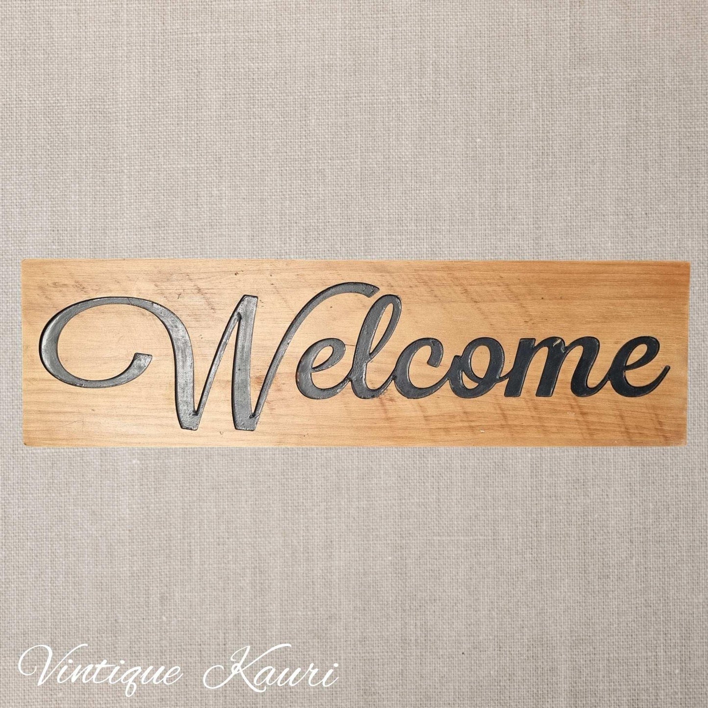 Carved wooden Kauri sign "WELCOME" 545mm x 155mm - Vintique Concepts