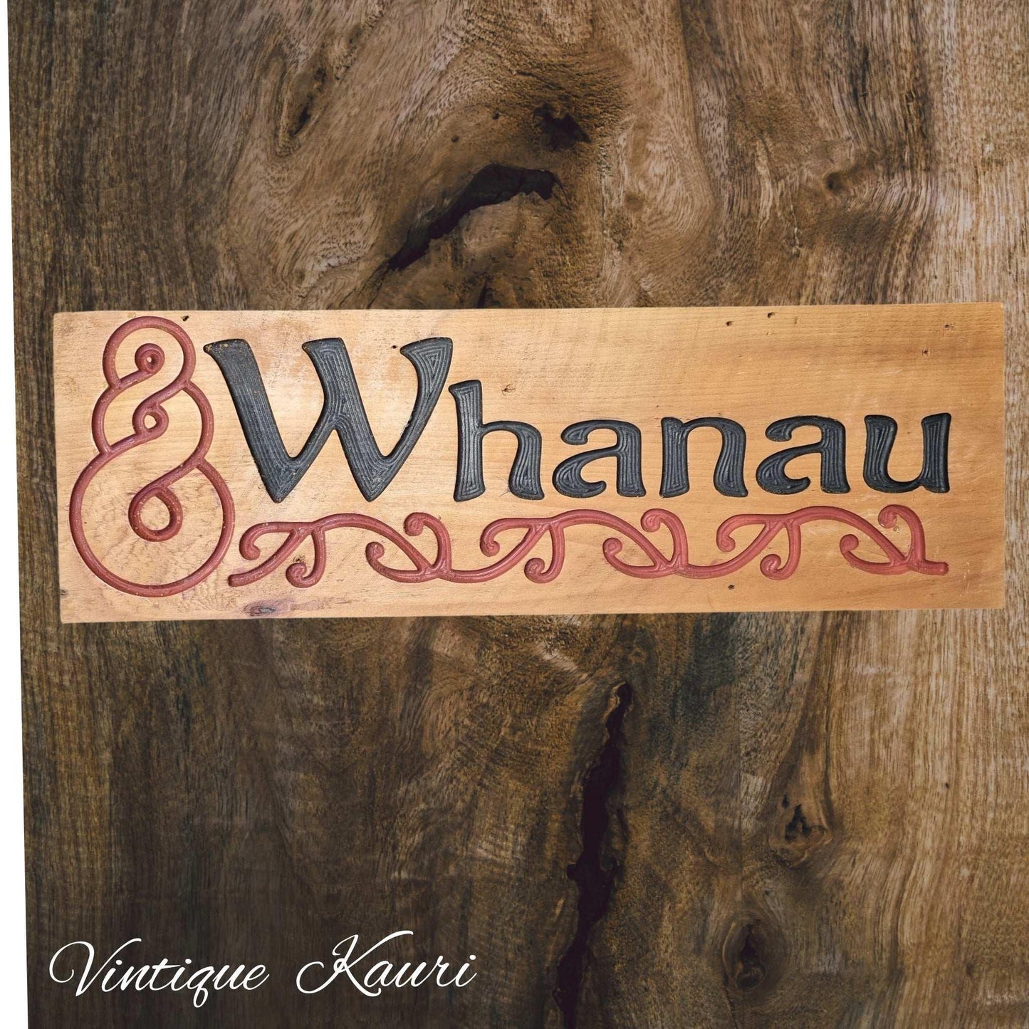 Carved wooden Kauri sign "WHANAU"645mm x 215mm - Vintique Concepts