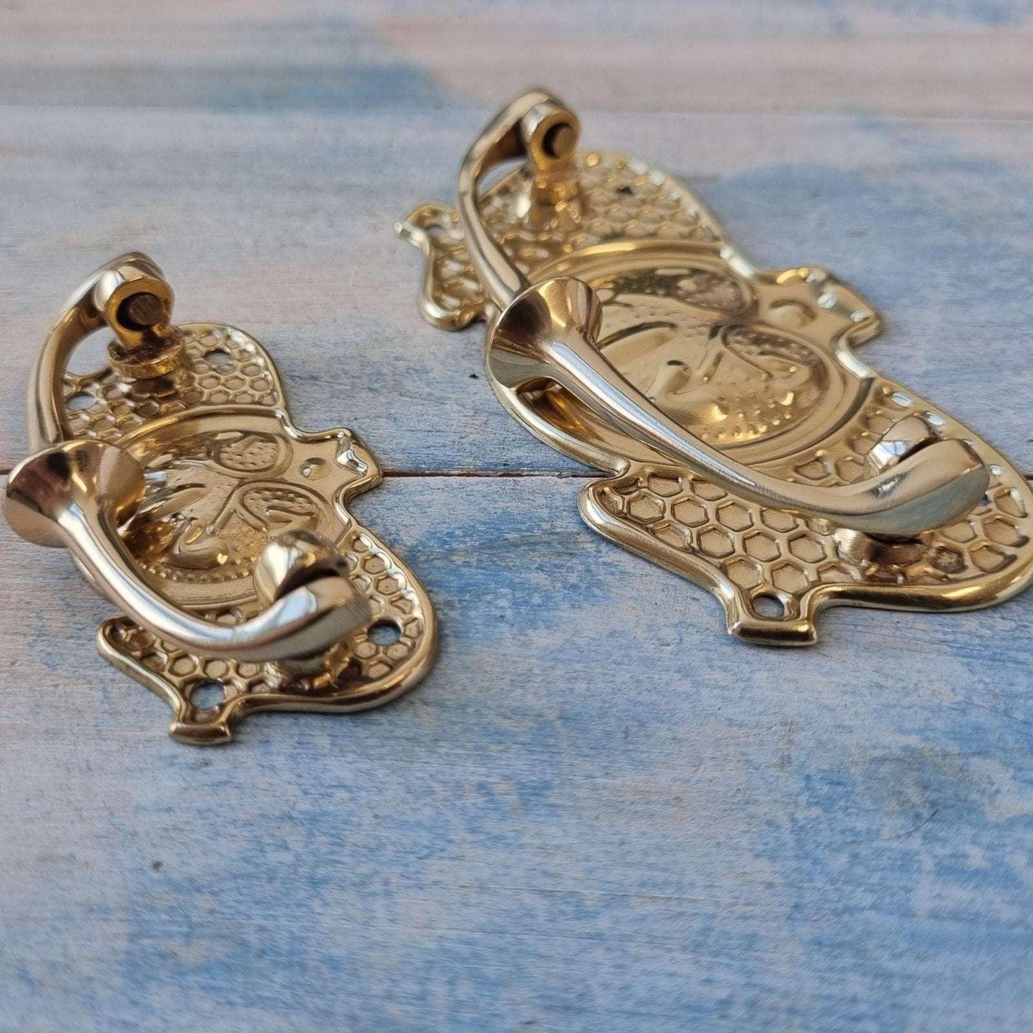 Regal Victorian Small Ornate swing Polished Brass Drawer handle - Vintique Concepts