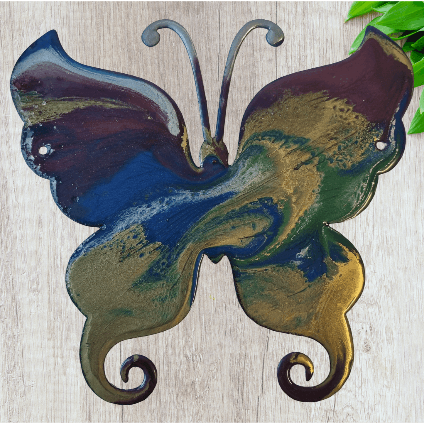 LARGE COLOURFUL BUTTERFLY metal art coated in pourable epoxy 240 X 230MM