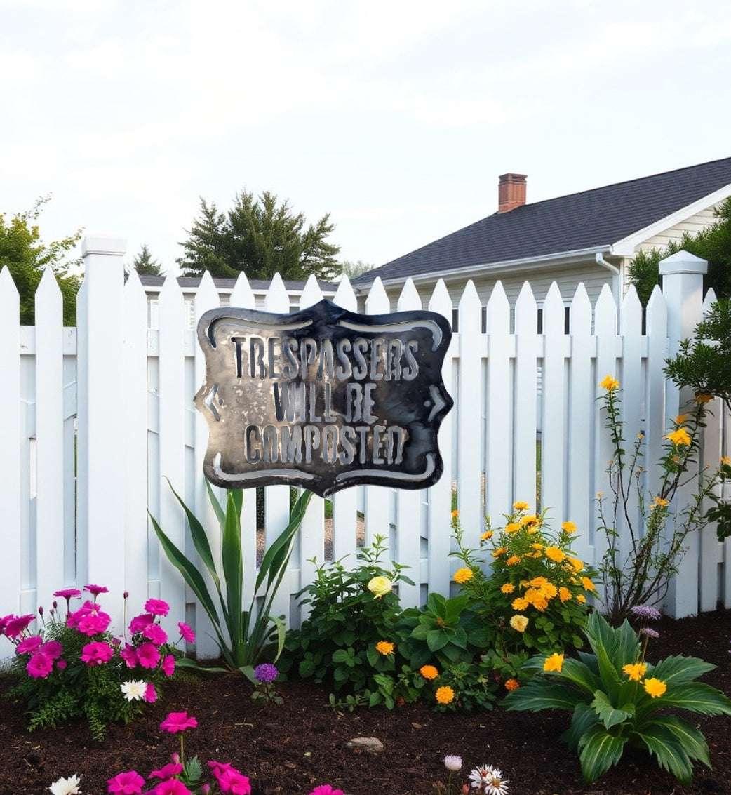 TRESPASSERS Will Be Composted Corten Garden Sign - Corten Garden Sign - Vintique Concepts