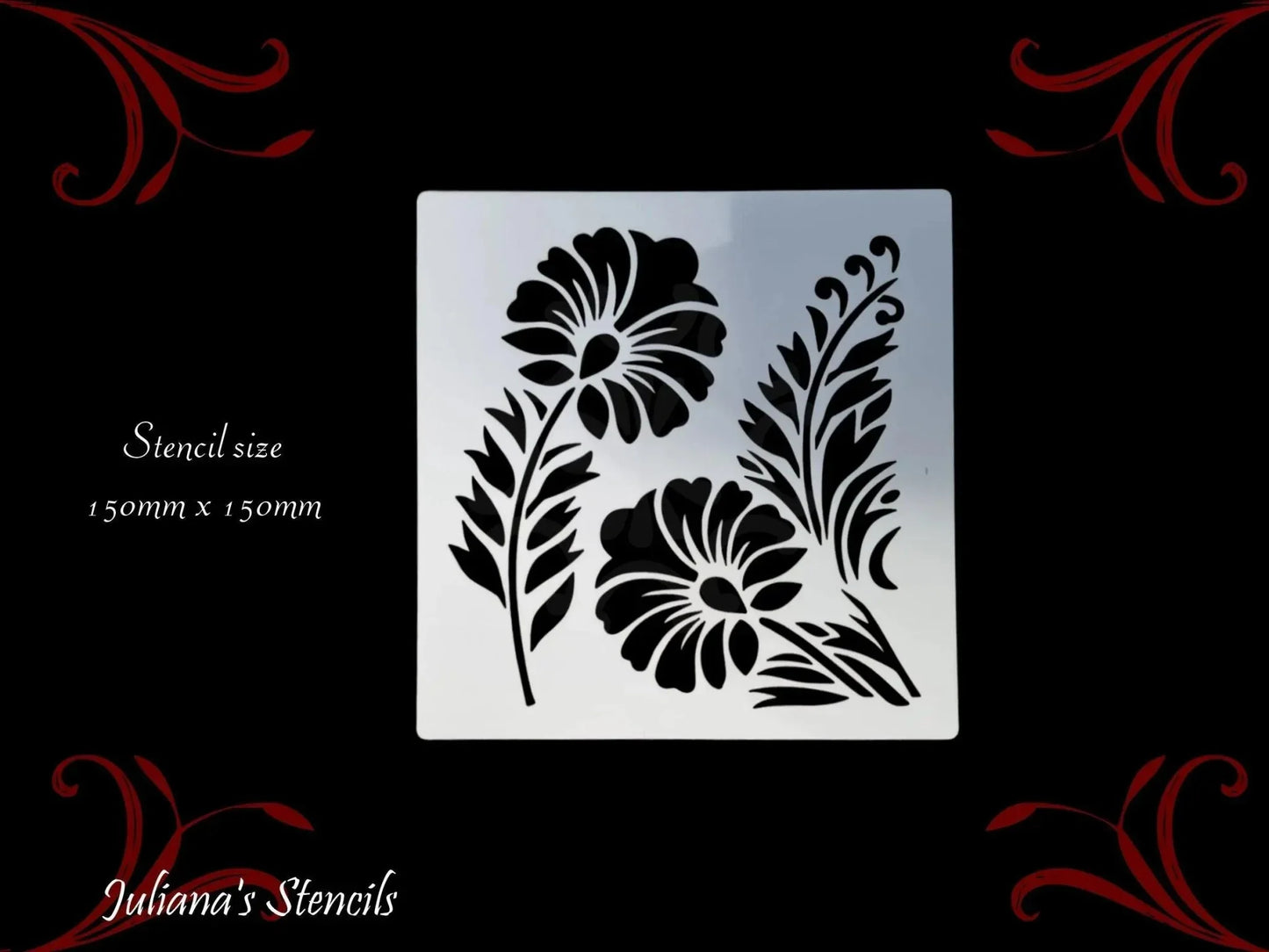twin flowers with stems floral small Furniture Paint Stencil 150mm x 150mm - Vintique Concepts