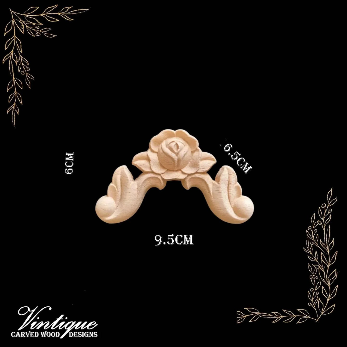 Victorian Rose Wooden Applique - Carved Corner/Centre 7.5cm x 6cm - Vintique Concepts