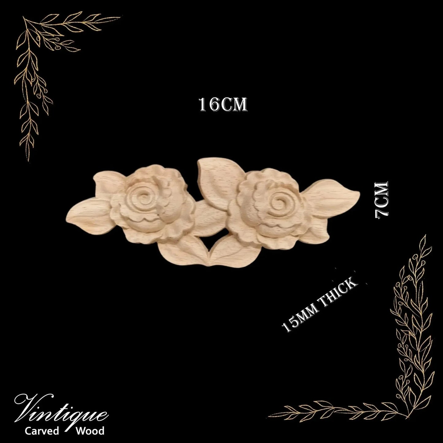 Victorian carved Wooden Applique Twin Rose Centre Carved 16cm x 7cm - Vintique Concepts