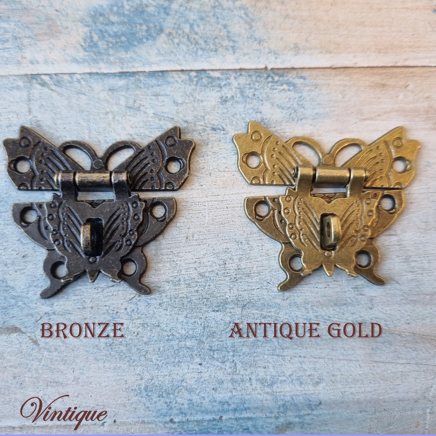 Victorian wooden chest Atq Gold butterfly latch 50mm x 43mm-Vintique Concepts