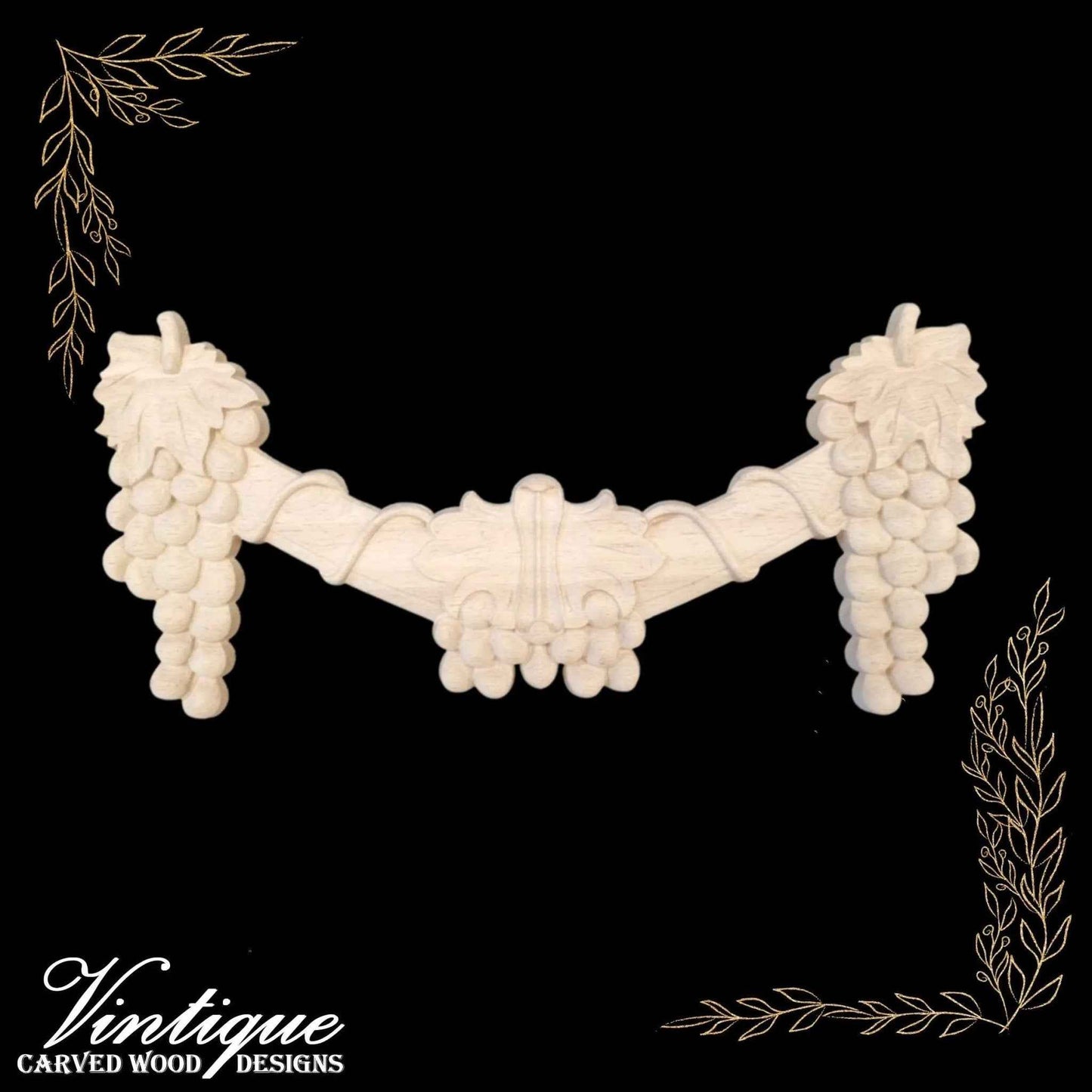 Vino Grape Vine Drop Carved wood Centre Applique 30cm x 14cm