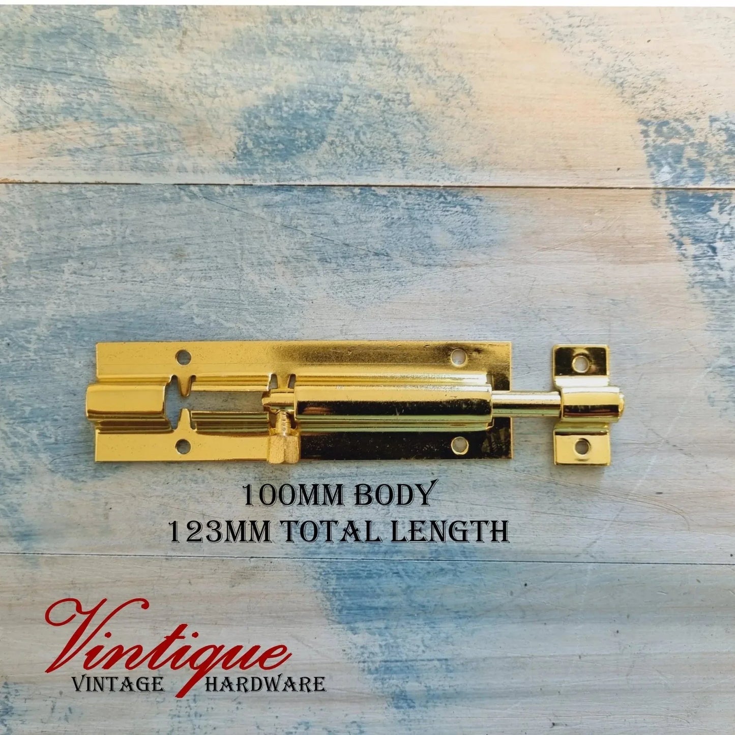 Vintage Bright Gold Sliding Bolt Hardware 100mm long - Vintique Concepts