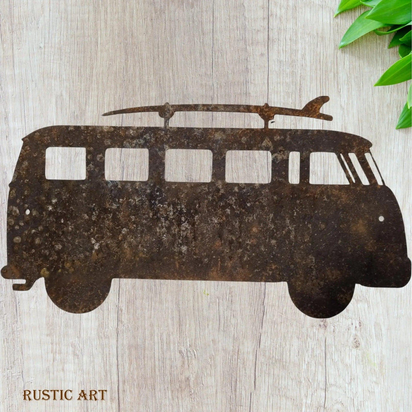 VW Camper Van with surfboards -Rusty metal art 300mm x160mm-Vintique Concepts